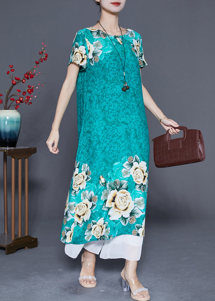 Women Green O-Neck Print Cotton Robe Dresses Summer