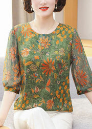 Women Green O Neck Print Patchwork Chiffon Tops Summer