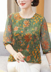 Women Green O Neck Print Patchwork Chiffon Tops Summer