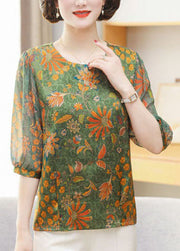 Women Green O Neck Print Patchwork Chiffon Tops Summer