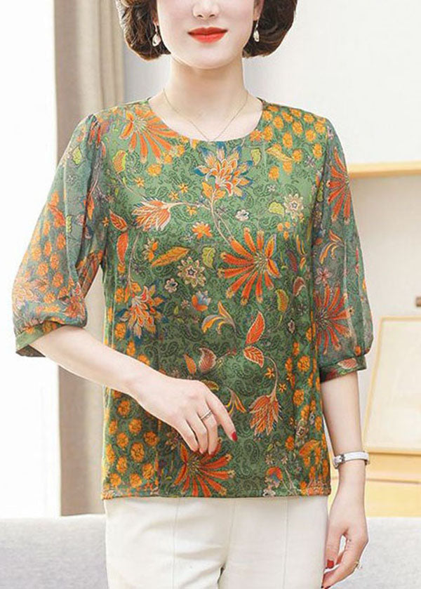 Women Green O Neck Print Patchwork Chiffon Tops Summer