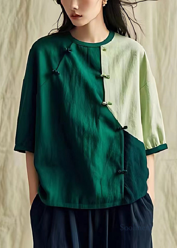 Women Green Oversized Patchwork Chinese Button Linen Shirt Summer