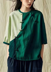 Women Green Oversized Patchwork Chinese Button Linen Shirt Summer