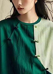 Women Green Oversized Patchwork Chinese Button Linen Shirt Summer