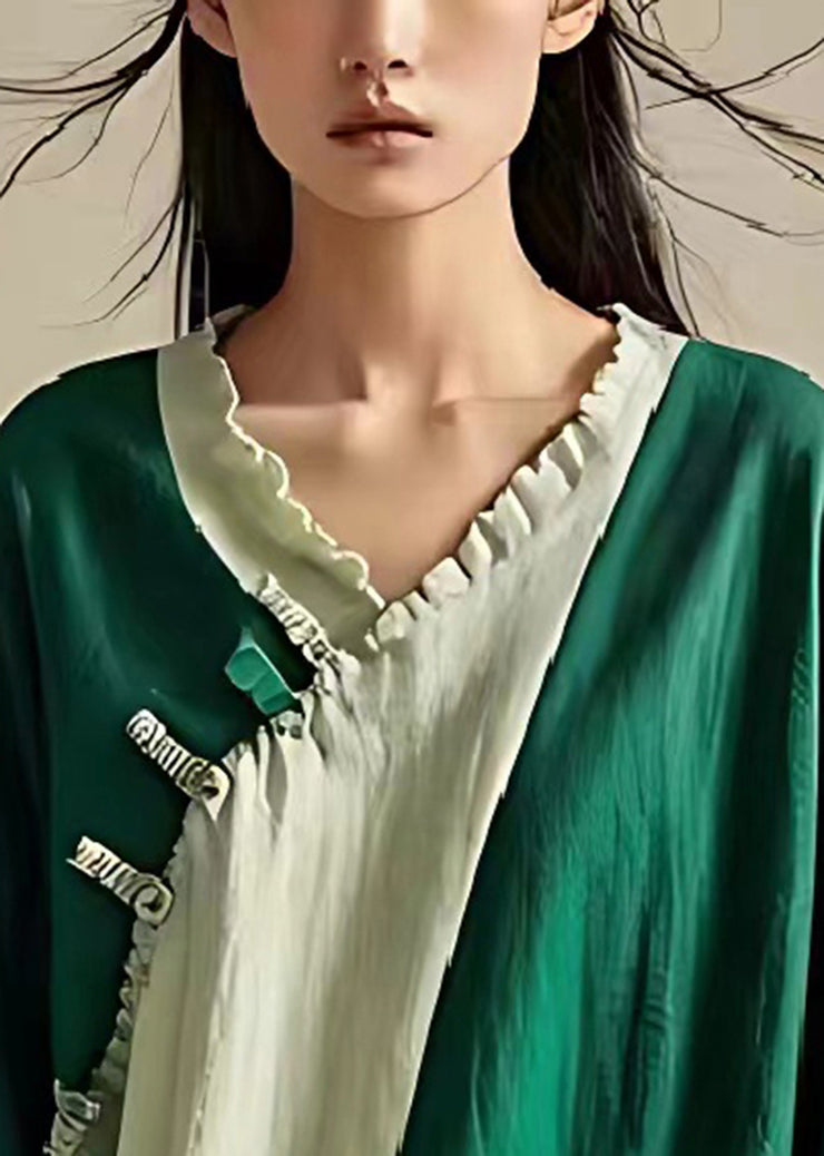 Women Green Oversized Patchwork Ruffled Linen Shirt Summer