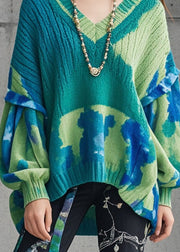 Women Green Oversized Tie Dye Knitted Tops Lantern Sleeve