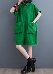 Women Green Peter Pan Collar Button Solid Denim Jumpsuit Summer