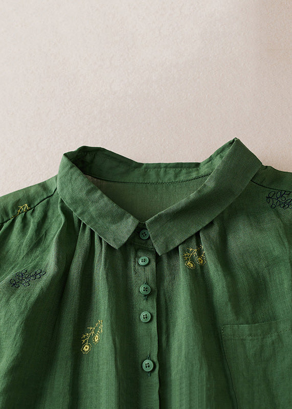 Women Green Peter Pan Collar Embroideried Patchwork Cotton Shirts Top Summer