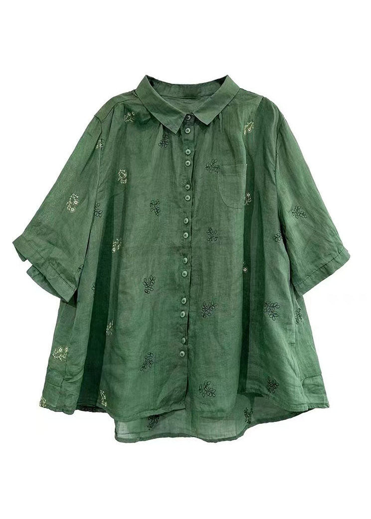 Women Green Peter Pan Collar Embroideried Patchwork Cotton Shirts Top Summer