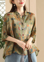 Women Green Peter Pan Collar Print Button Linen Shirt Summer