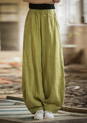 Women Green Pockets Elastic Waist Linen Pants Summer