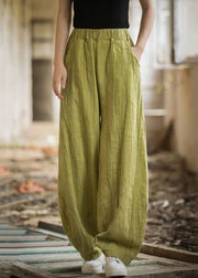 Women Green Pockets Elastic Waist Linen Pants Summer