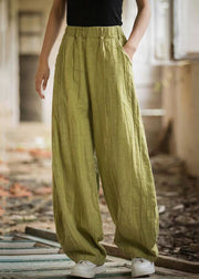 Women Green Pockets Elastic Waist Linen Pants Summer