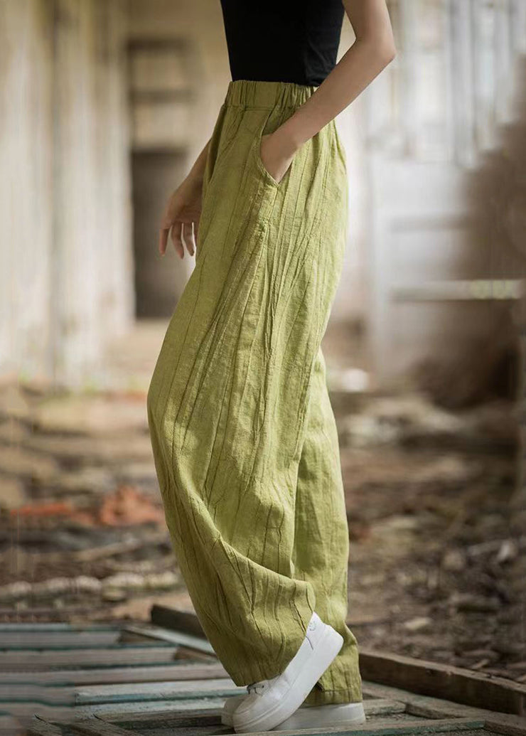 Women Green Pockets Elastic Waist Linen Pants Summer