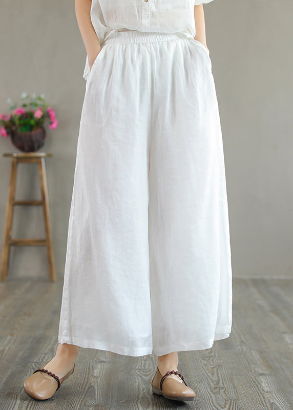 Women Green Pockets Elastic Waist Linen Wide Leg Pants Summer