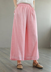 Women Green Pockets Elastic Waist Linen Wide Leg Pants Summer