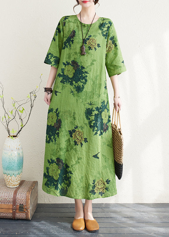 Women Green Print Chinese Button Linen A Line Dress Summer