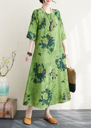 Women Green Print Chinese Button Linen A Line Dress Summer