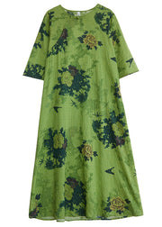 Women Green Print Chinese Button Linen A Line Dress Summer