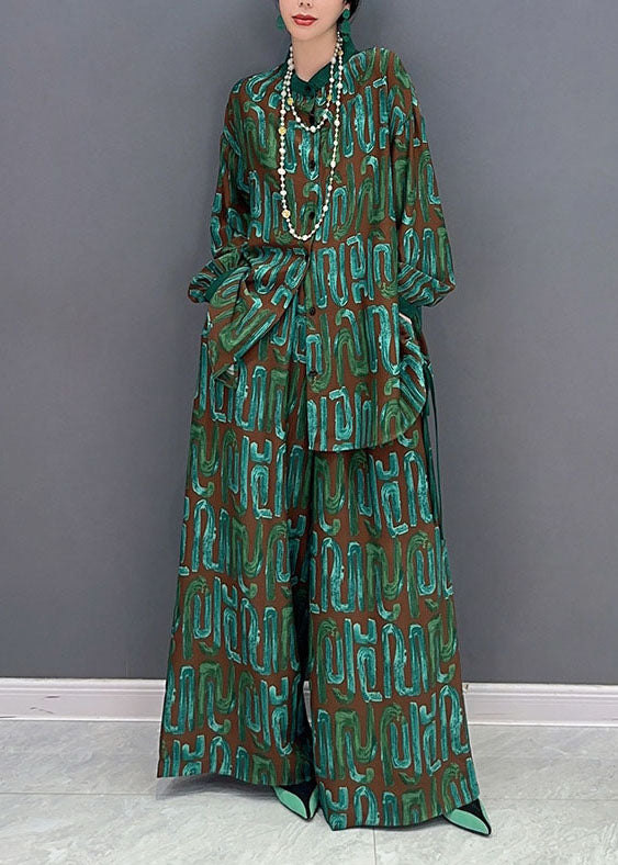 Women Green Print Oversized Side Open Silk Two Piece Set Spring