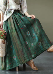 Women Green Print Ramie Elastic Waist Skirt - SooLinen