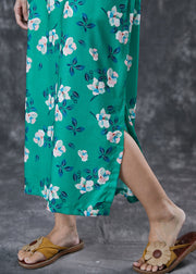 Women Green Print Side Open Cotton Long Dresses Spring