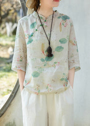 Women Green Print Stand Collar Button Linen Shirt Half Sleeve