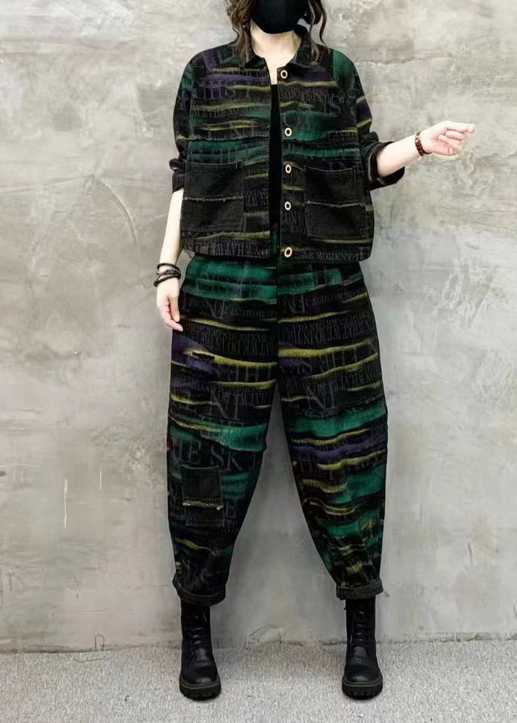 Women Green Print Tops And Pants Denim Two Piece Set Fall