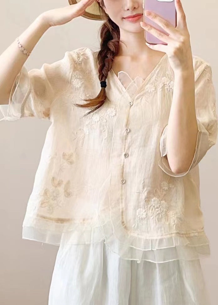 Women Green Ruffled Embroideried Patchwork Linen Blouse Top Summer