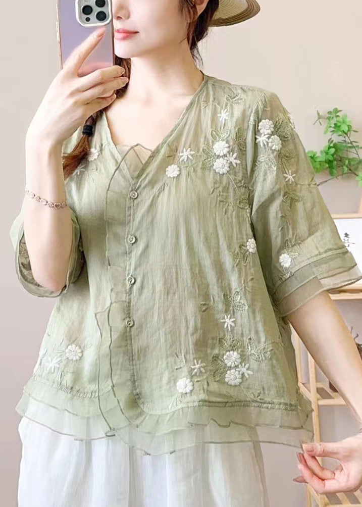 Women Green Ruffled Embroideried Patchwork Linen Blouse Top Summer