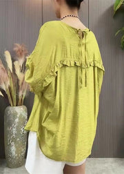 Women Green Ruffled Lace Up Linen T Shirt Batwing Sleeve