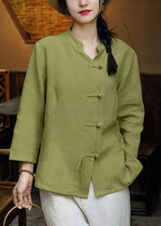 Women Green Stand Collar Button Linen Coats Long Sleeve