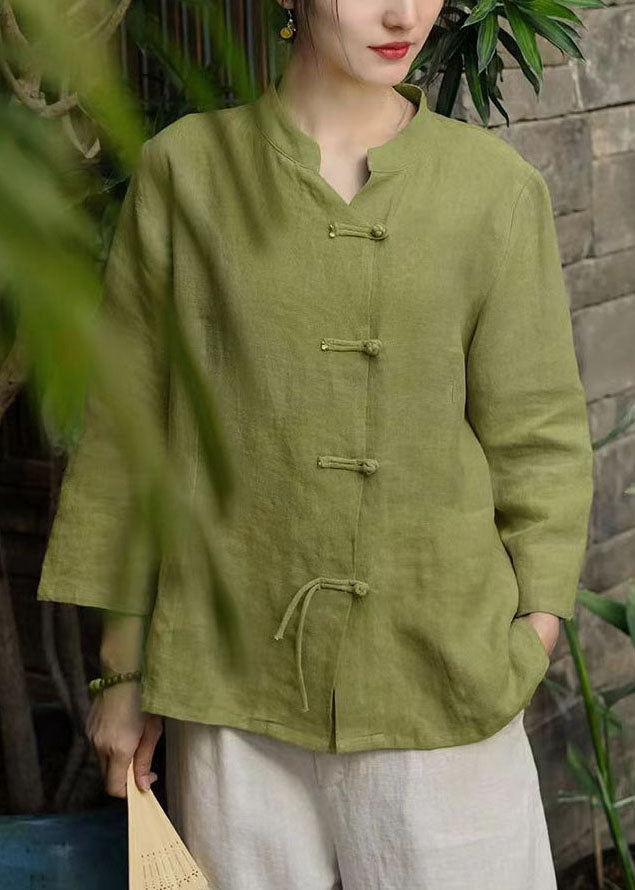 Women Green Stand Collar Button Linen Coats Long Sleeve