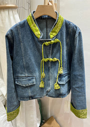 Women Green Stand Collar Chinese Button Denim Coat Spring