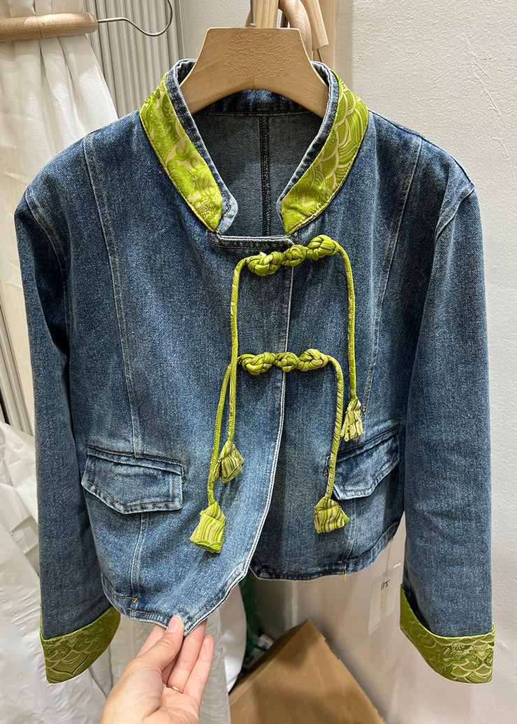 Women Green Stand Collar Chinese Button Denim Coat Spring