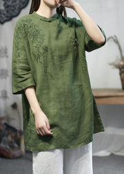 Women Green Stand Collar Embroideried Linen Tops Half Sleeve