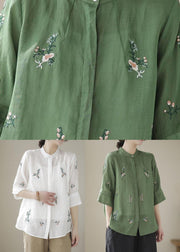 Women Green Stand Collar Embroideried Patchwork Linen Tops Summer