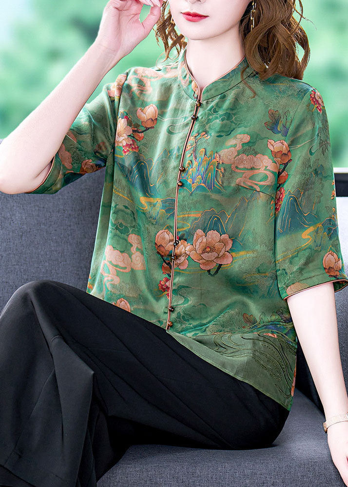 Women Green Stand Collar Embroideried Print Button Silk Blouse Tops Half Sleeve