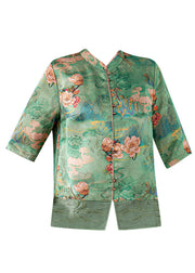 Women Green Stand Collar Embroideried Print Button Silk Blouse Tops Half Sleeve