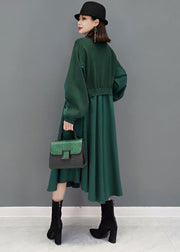 Women Green Stand Collar Patchwork Knit Cotton Shirt Dress Long Sleeve