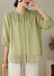 Women Green Stand Collar Print Patchwork Linen Shirt Tops Summer