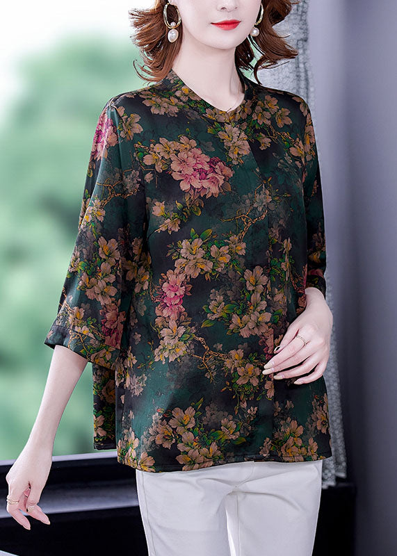 Women Green Stand Collar Print Silk Shirt Bracelet Sleeve