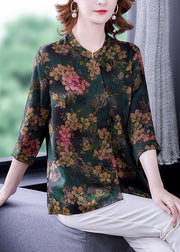 Women Green Stand Collar Print Silk Shirt Bracelet Sleeve