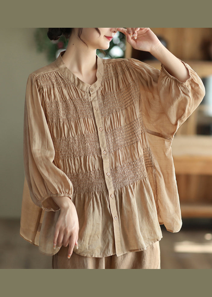 Women Green Stand Collar Wrinkled Patchwork Cotton Shirt Summer