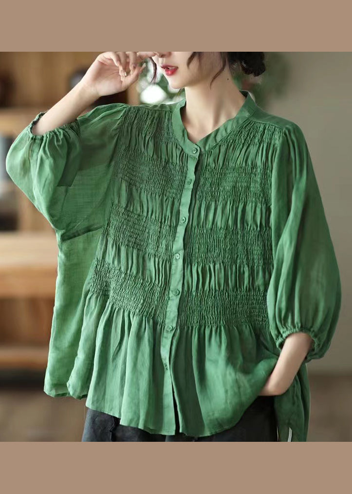 Women Green Stand Collar Wrinkled Patchwork Cotton Shirt Summer