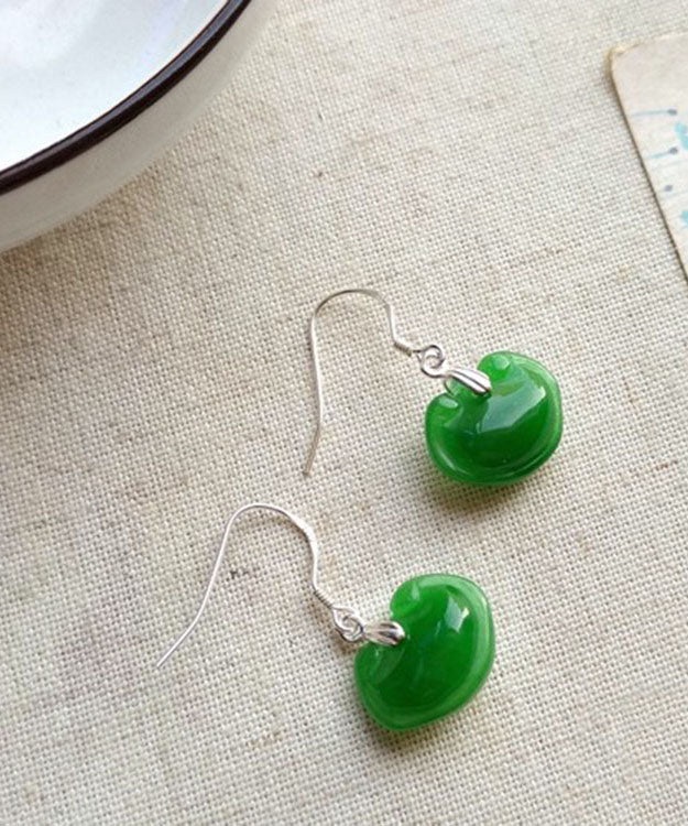 Women Green Sterling Silver Jade Drop Earrings