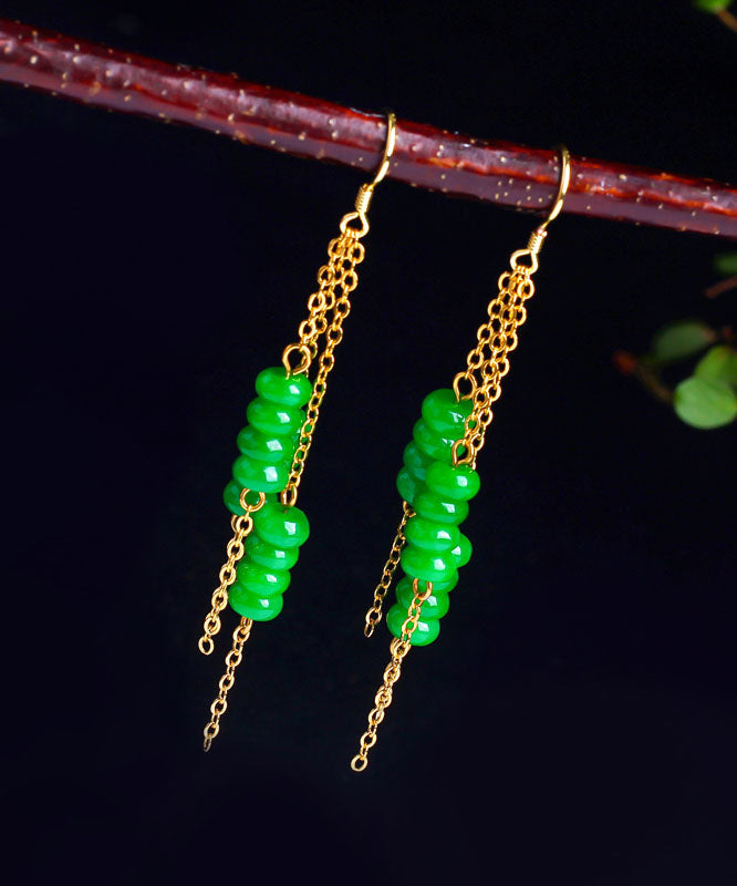 Women Green Sterling Silver Overgild Dry Green Abacus Tassel Drop Earrings