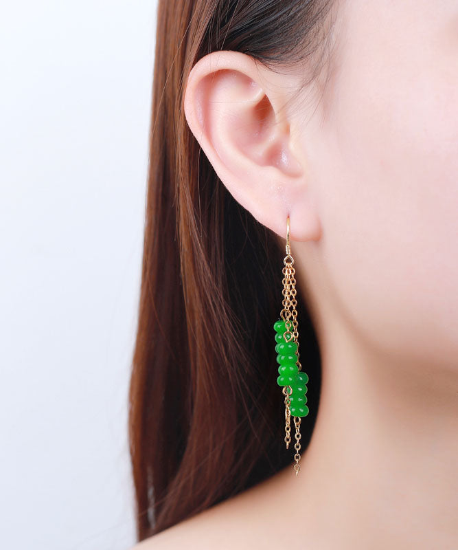 Women Green Sterling Silver Overgild Dry Green Abacus Tassel Drop Earrings