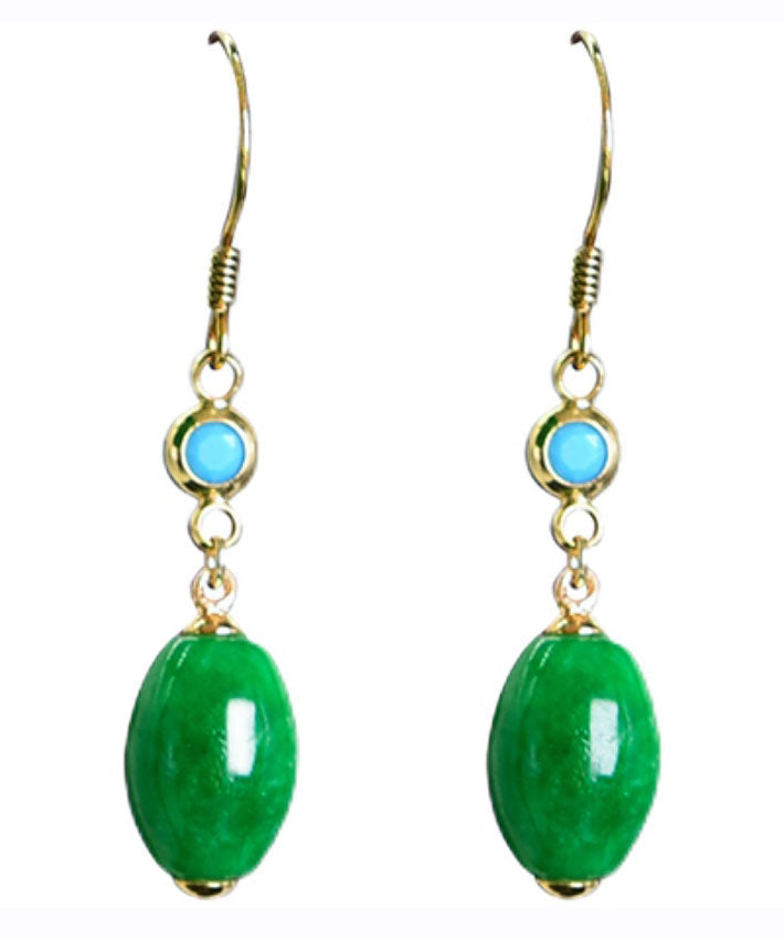 Women Green Sterling Silver Overgild Inlaid Jade Drop Earrings