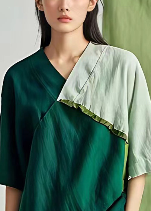 Women Green V Neck Asymmetrical Cotton T Shirt Half Sleeve